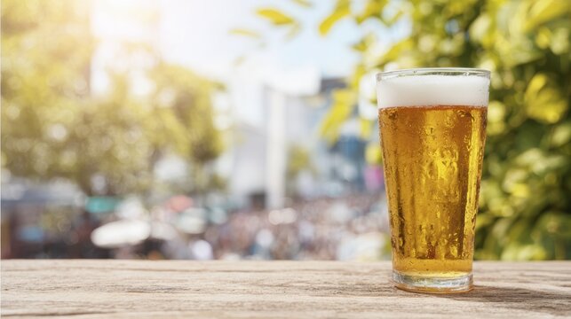 Chilled lager glass on sunlit wooden table with blurred outdoor background