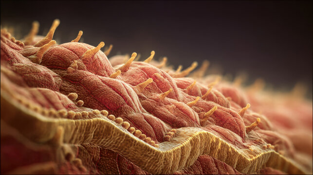 Microscopic view of irritated skin surface with raised cells and parasite activity illustrating dermatology infection and inflammation concept