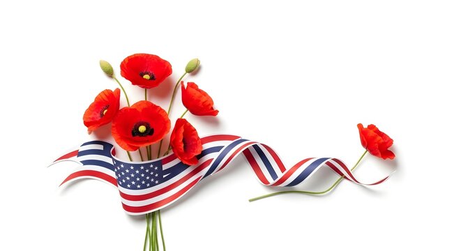 Independence day patriotic poppies with american flag ribbon
