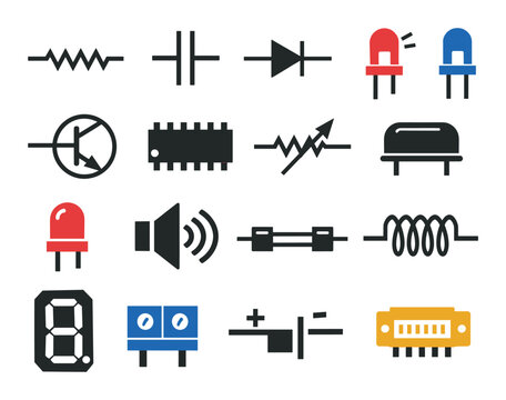 Diverse collection of basic electronic components and symbols essential for circuit design, engineering, and STEM education