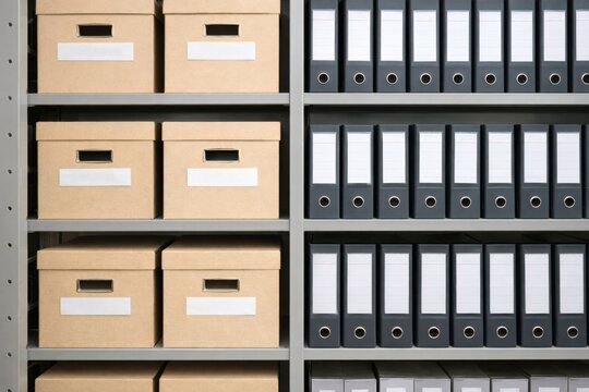 Archive boxes and document binders organized on office storage shelves for document management.