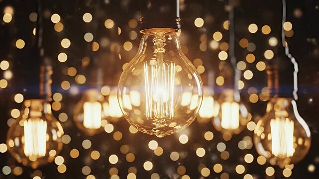 Close up of glowing filament in an antique Edison lightbulb with bokeh background lights
