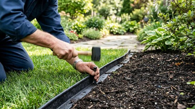 Gardener hammering edging border into soil along lawn, showing landscaping work, garden maintenance, outdoor improvement, and precise yard installation.