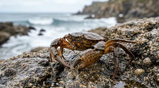 Crab on rocky shoreline with ocean waves in background, showing marine wildlife, coastal habitat, natural ecosystem, and seaside exploration in outdoor environment.