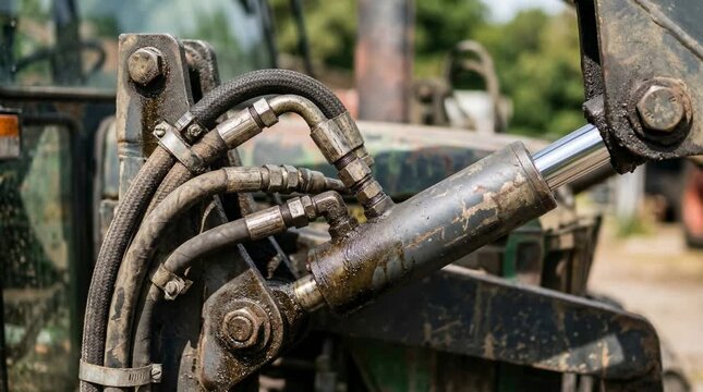 Close up of hydraulic cylinder and hoses on heavy machinery, showing industrial equipment, maintenance, power transmission, and mechanical system in outdoor work environment.
