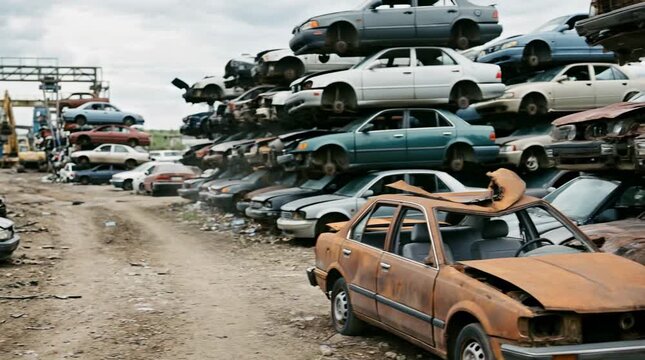 Junkyard with stacked scrap cars and dismantled vehicles, showing recycling industry, waste management, material recovery, and end of life automotive processing.