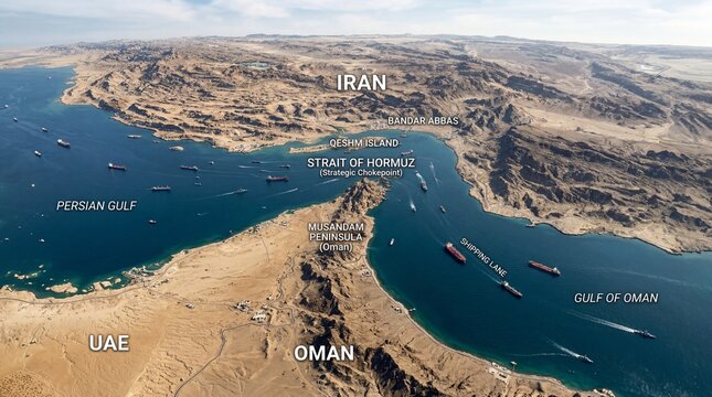 Strait of Hormuz Aerial View Showing Shipping Lanes and Surrounding Countries.