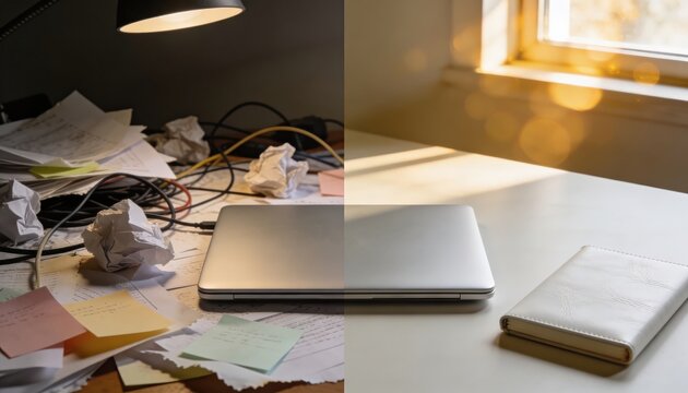 Before and after productivity concept: chaotic messy desk with cables and crumpled paper vs clean minimal workspace with laptop and notebook