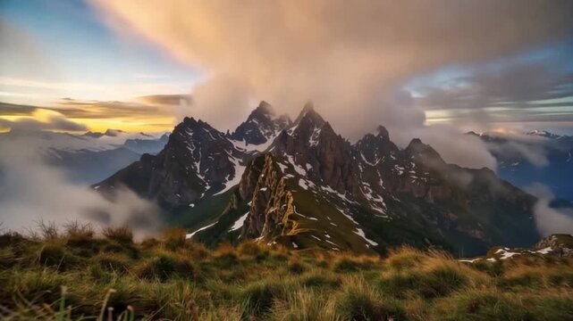 Mountain peak with snow patches and wild grass swaying in foreground under dramatic colorful sky at sunset with clouds, fog, and ridge creating serene majestic natural landscape of mountain nature