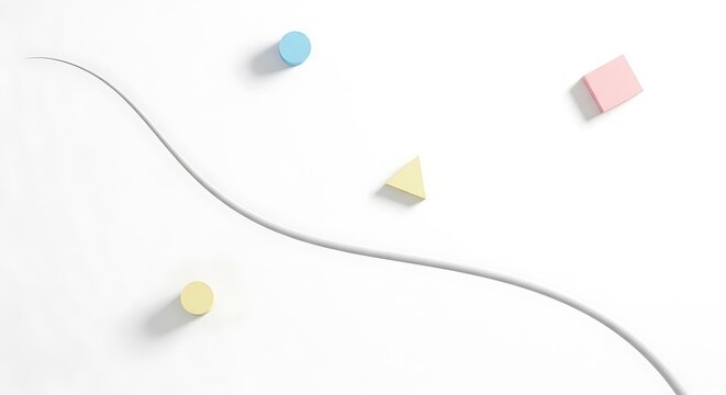 Abstract minimalist composition featuring floating colorful geometric shapes and a smooth flowing grey line on a clean white background, creating a modern and elegant graphic design
