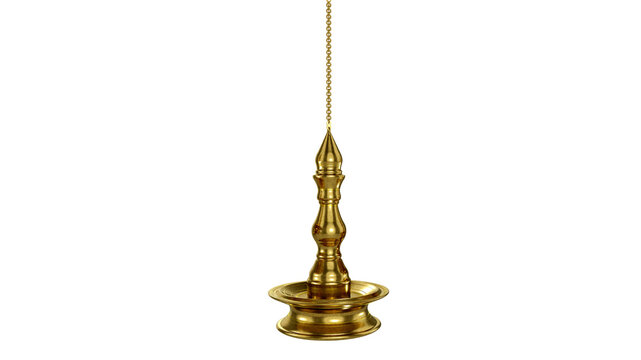 Single Traditional Golden Hanging Vilakku Oil Lamp on Black Background