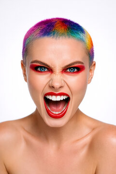 Portrait of beautiful young fashionable woman with rainbow buzz cut haircut looking proud