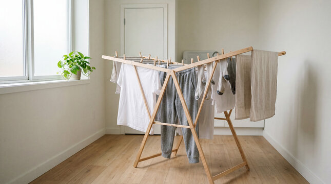 Soft fabrics gently sway on a natural wood drying rack, catching the warm light from a sun-drenched window in a minimalist home