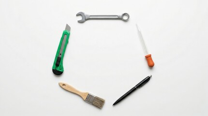 Fototapeta premium Arrangement of diverse tools in a hexagon shape on a white background showcasing craftsmanship and DIY projects