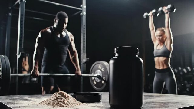 Muscular afro american man doing deadlifts with a barbell and blonde caucasian woman performing dumbbell overhead presses in a dimly lit gym behind protein powder jar. Concept of fitness and health