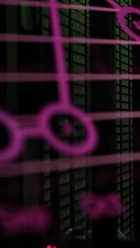Vertical video: Magenta blur shifting, showing line chart Sep-Dec markers and pie over green grid