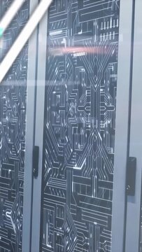Vertical video: View panning starting AR slats moving across patterned glass, showing disc and text
