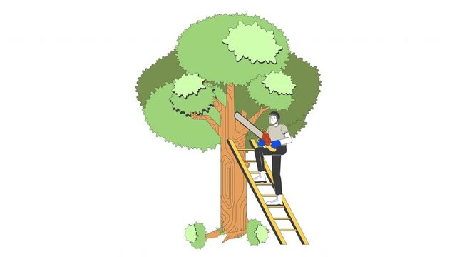 Arborist trimming tree with chainsaw cartoon animation. Forest management. Skilled trade worker standing on ladder. Tree surgeon pruning branches animated flat 2D character 4K video isolated on white