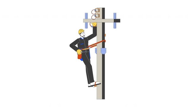 Technician repairing electric utility pole cartoon animation. High voltage service. Cable maintenance. Skilled trade lineman animated flat 2D character 4K video isolated on white, scene storytelling