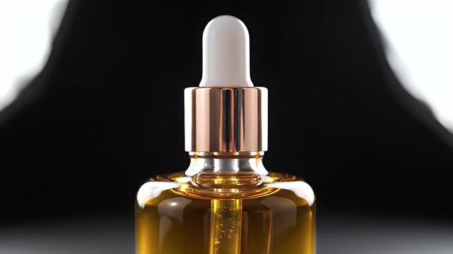 Close-up of a golden liquid in a dropper bottle with a rose gold collar
