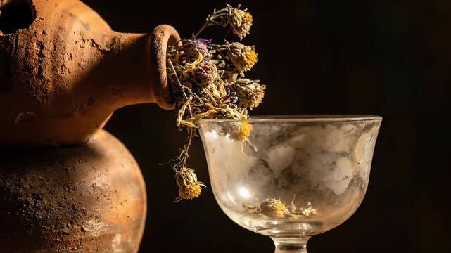 Clay jug with dried wild flowers tilting over frosted empty glass goblet on dark wooden table against black background, concept of fading beauty and nostalgia