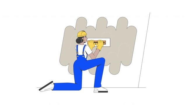 Construction worker applying wall putty cartoon animation. Interior finishing. Plaster work. Skilled trade handywoman smoothing surface with trowel animated flat 2D character 4K video isolated