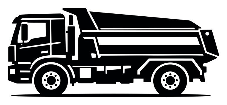 Black graphic of a construction dump truck, delivering raw materials for building and earthmoving projects