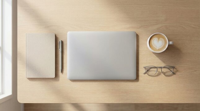 Elegant Workspace Flat Lay with Wooden Desk Laptop and Blank Notebook
