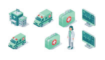 Healthcare Medical Isometric Illustration Set Featuring Hospital Ambulance Doctor and Vital Sign Monitors © Kenn