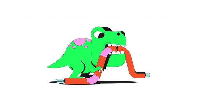 Dinosaur bites internet cable flash message error animation. Groovy dino chewing wire. Connection loss. Animated empty state. UI failure web design. Onboarding micro UX motion. Flat concept 4K video