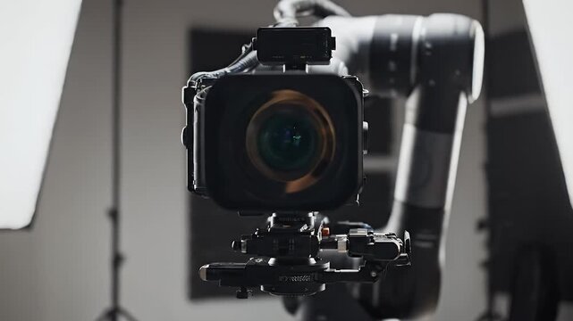 Robotic arm holding camera with professional lighting setup