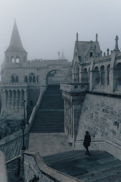View of a solitary figure descends the stone steps of the Fisherman's Bastion, enveloped in a dense fog that mutes the architectural grandeur, Budapest, Hungary.