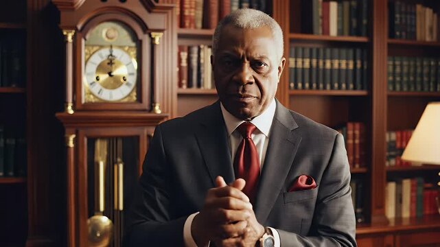 Older man in a suit points finger forward in library with grandfather clock