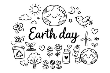 Fototapeta premium Earth day doodle illustration in cute line art vector style with eco and environmental elements