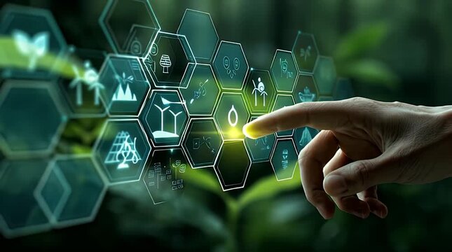 Hand interacting with futuristic eco-friendly technology interface in nature