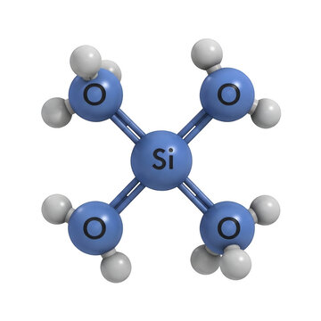 A ball-and-stick model of a silicon atom bonded to four oxygen atoms and four hydrogen atoms isolated on transparent background