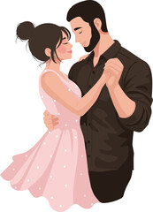 Romantic young couple dancing together, man in black shirt and woman in pink polka dot dress embracing, lovers slow dance, wedding celebration or date night, flat vector style illustration.
