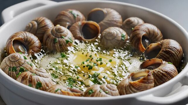 Delicious Escargots Cooked in Garlic Butter Sauce With Parsley in White Ceramic Dish