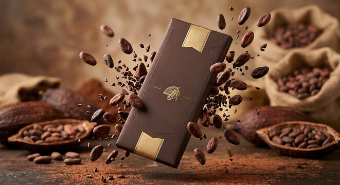 Premium chocolate bar package mockup with blank label floating in cacao farm, organic cocoa pods on tree in sunny plantation background for branding