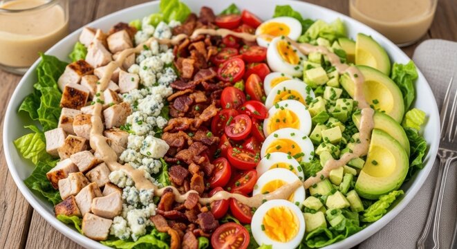 A large white plate with a salad of lettuce, chicken, bacon, avocado, cherry tomatoes, and hard-boiled eggs, drizzled with a creamy dressing.