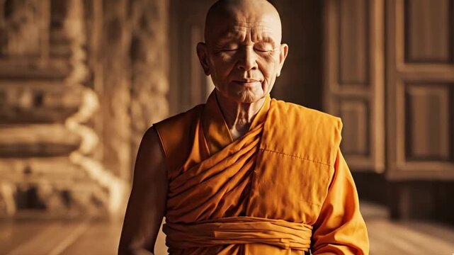 Serene monk in meditation within temple, wearing traditional orange robe and showcasing tranquility. Monk embodies peaceful existence through meditation practice.