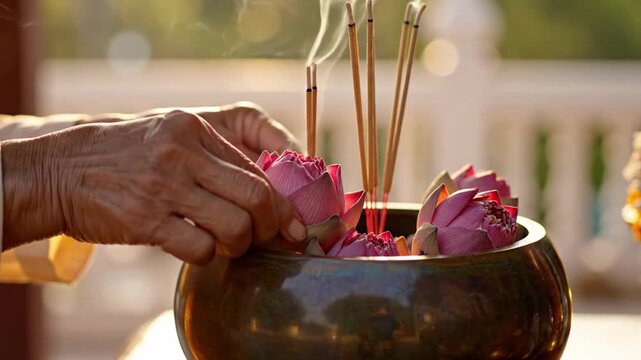 Hands placing incense sticks in open bowl with pink lotus flowers, creating serene atmosphere with fragrant smoke wafting upward. Symbol of purity and devotion in spiritual practice.