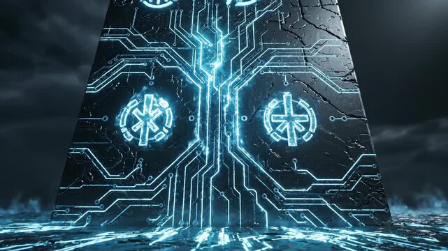 Mysterious futuristic monolith with glowing blue circuit patterns, powerful abstract structure of alien technology emanating strange energy