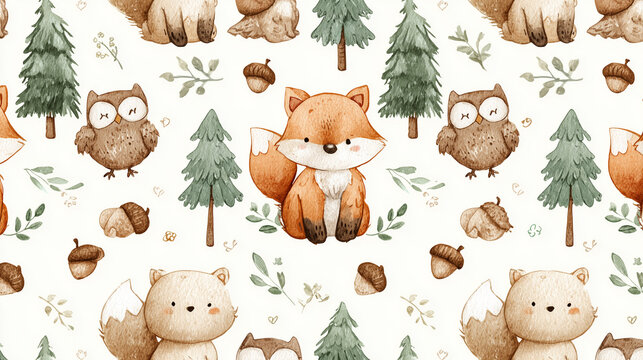 キツネやフクロウの可愛い水彩風森の動物シームレス柄