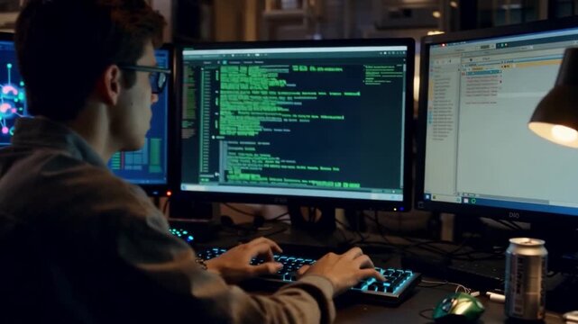 Programmer coding software technology developer workspace with multiple computer screens, keyboard, monitor, desk setup for digital code programming, data analysis, IT network system,