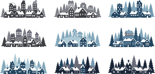 Fototapeta premium Winter Village Landscape Collection with Snow Covered Houses, Pine Trees and Cozy Town Silhouettes for Christmas, Holiday, and Seasonal Design Projects