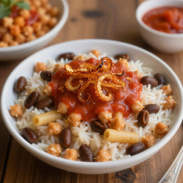 Bowl of Egyptian Koshari with Fried Onions