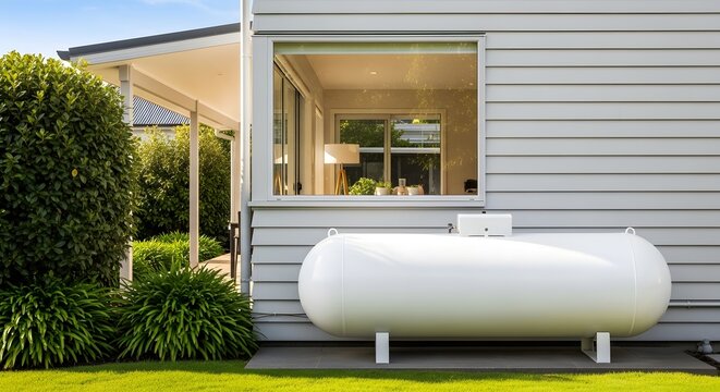 A large white propane tank sits outside a modern house with a well-manicured lawn and bushes.
