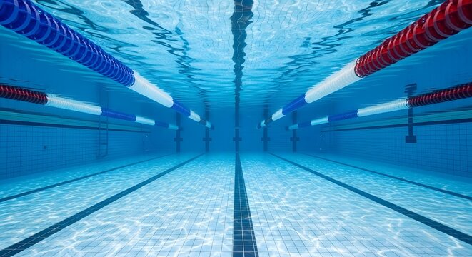 Swimmers dive into an empty indoor swimming pool with lanes and colorful tubes