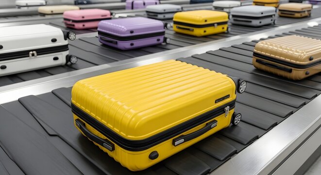 Luggage pieces move on a baggage claim conveyor belt at an airport.